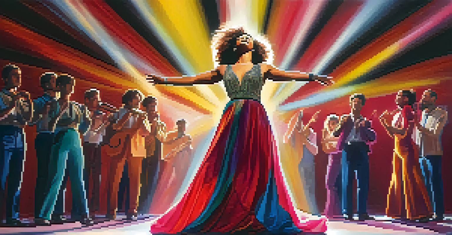 A passionate singer on stage, illuminated by spotlights, engaging with an attentive audience.