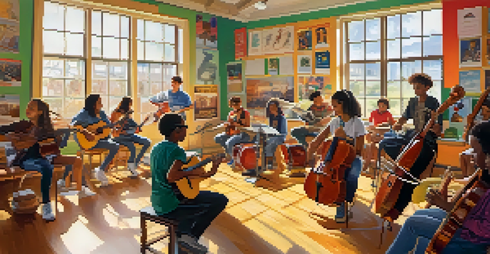 A lively classroom with diverse students playing different musical instruments, promoting an inclusive music education environment.