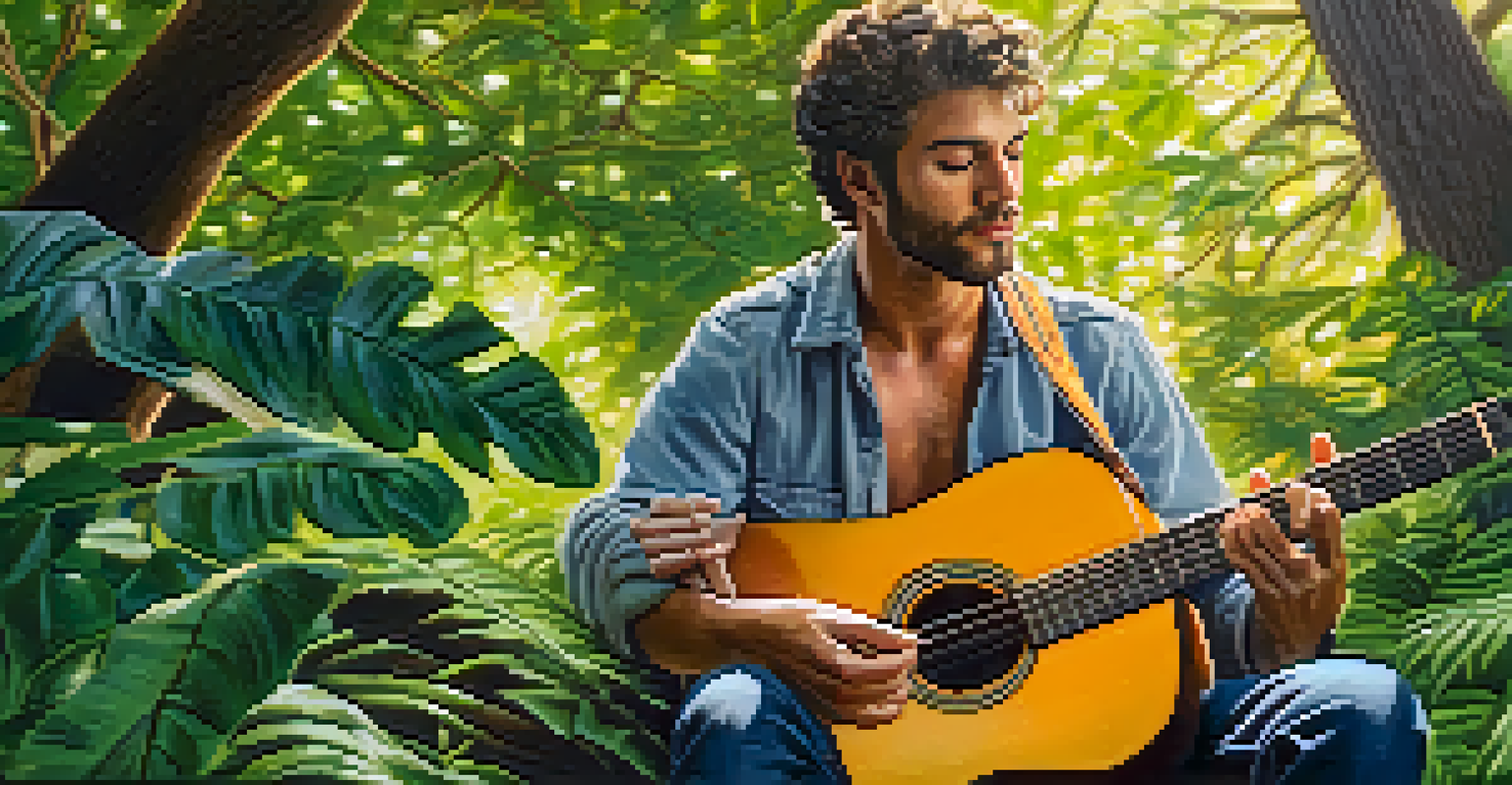 A musician playing an acoustic guitar in a sunlit park, surrounded by trees, expressing emotion and connection to nature.