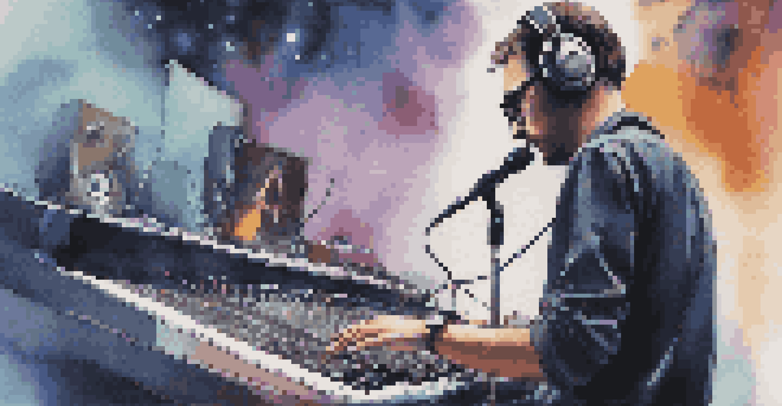 A close-up of a musician using AI tools on stage, with high-tech equipment and a blurred crowd in the background, emphasizing the connection between music and technology.