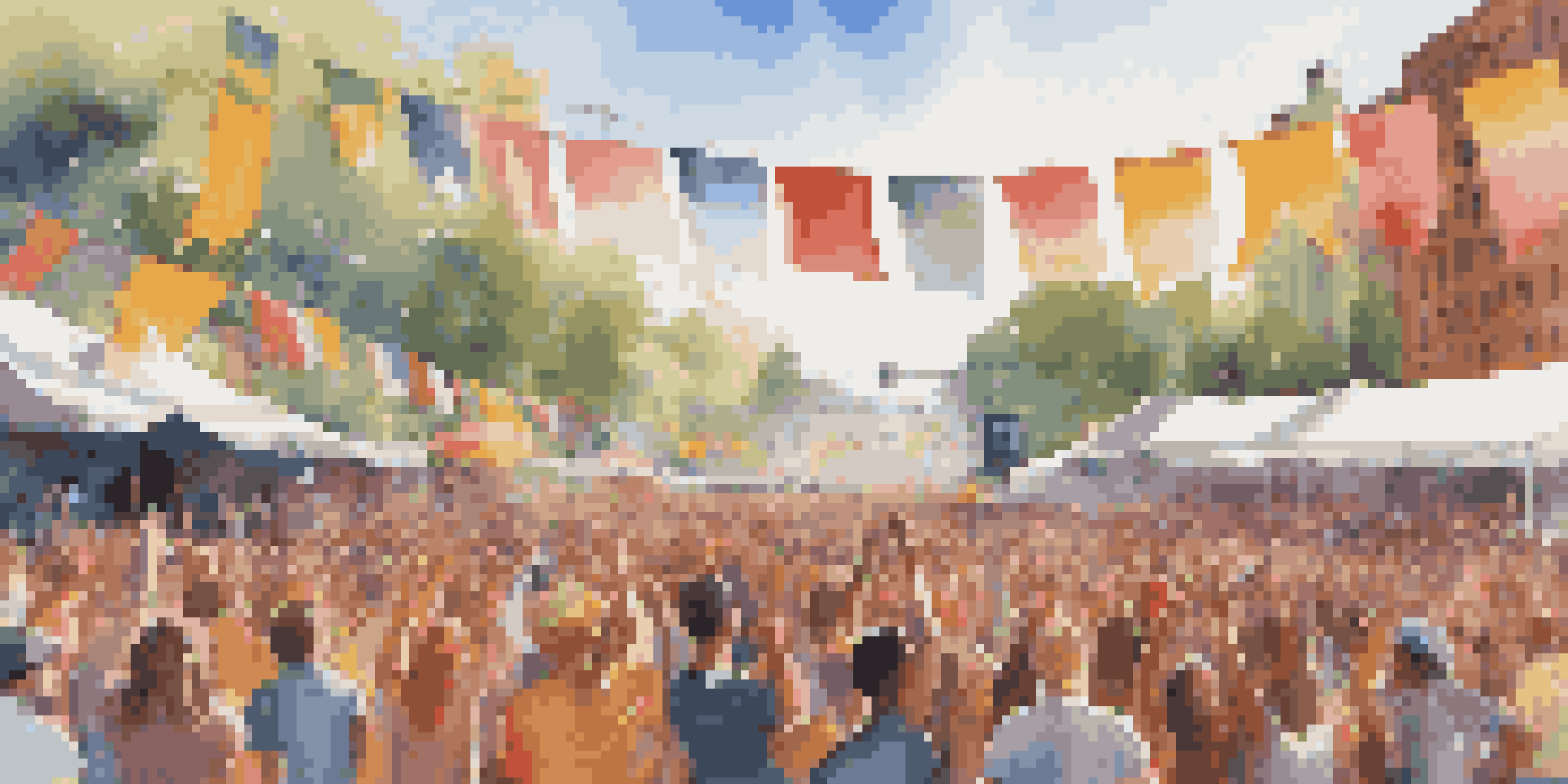 A lively music festival with diverse attendees enjoying performances under bright sunlight, featuring colorful banners and engaged artists on stage.