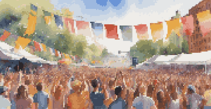 A lively music festival with diverse attendees enjoying performances under bright sunlight, featuring colorful banners and engaged artists on stage.