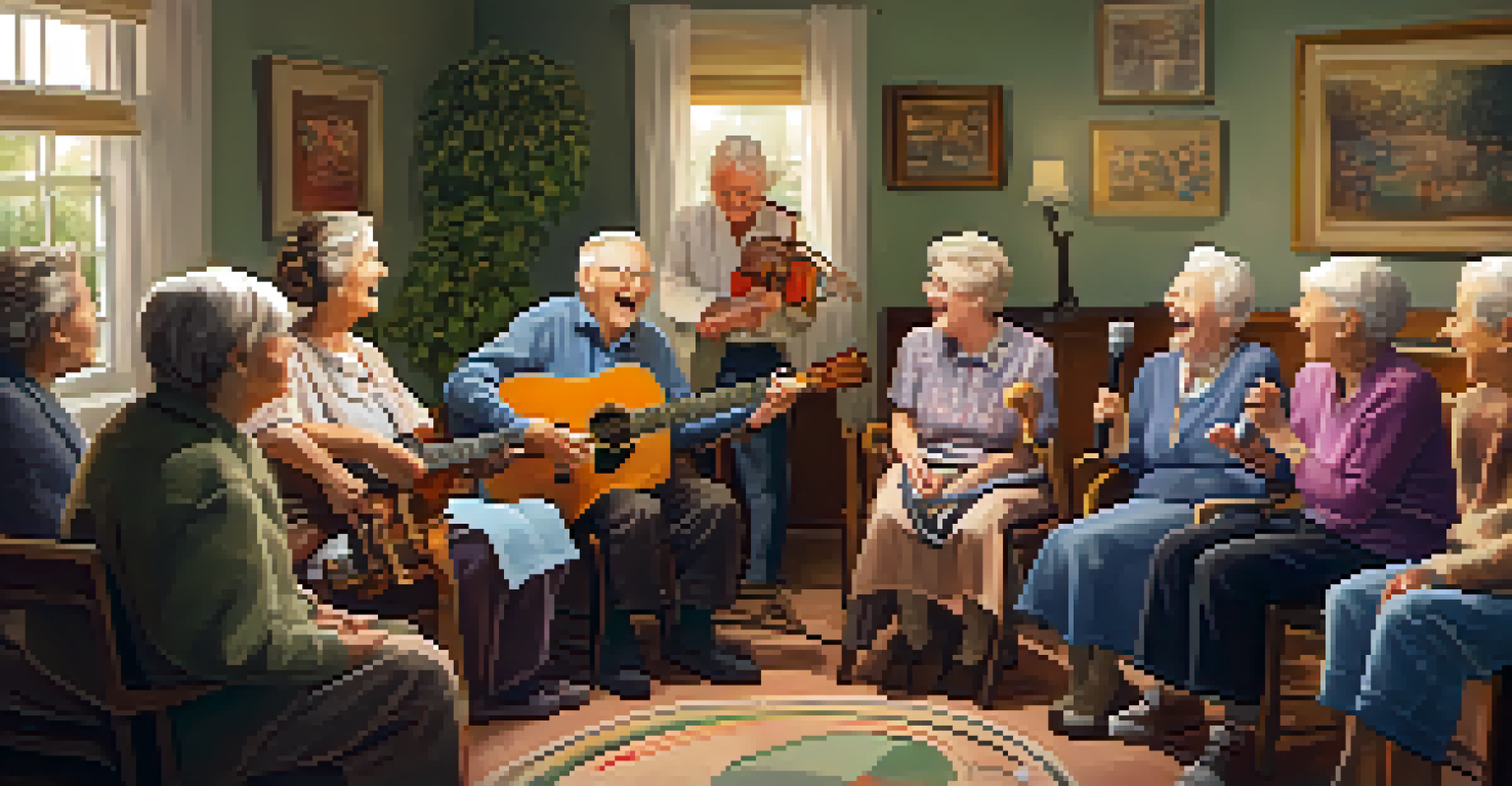 A joyful group of elderly people singing together in a circle with musical instruments in a cozy care home.
