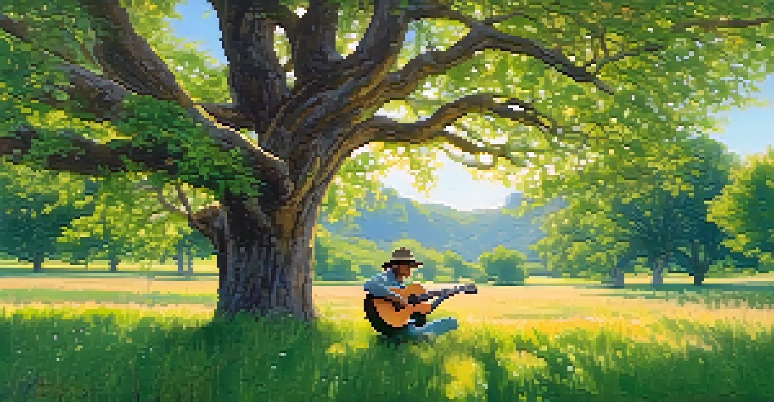 A musician playing an acoustic guitar under a tree, surrounded by green grass and wildflowers.