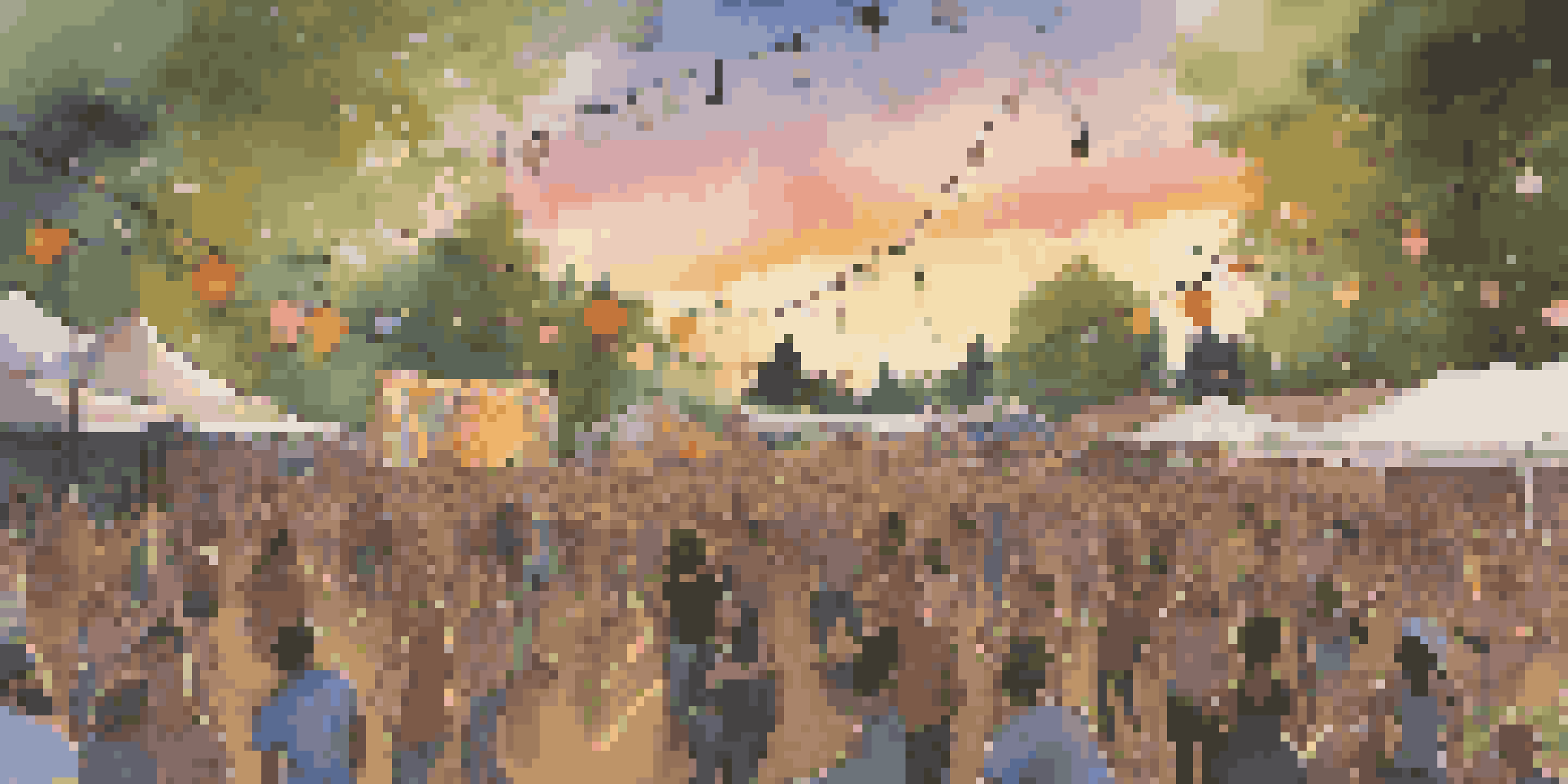 A lively folk punk music festival with a diverse crowd enjoying performances at sunset.