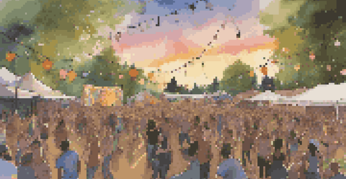 A lively folk punk music festival with a diverse crowd enjoying performances at sunset.