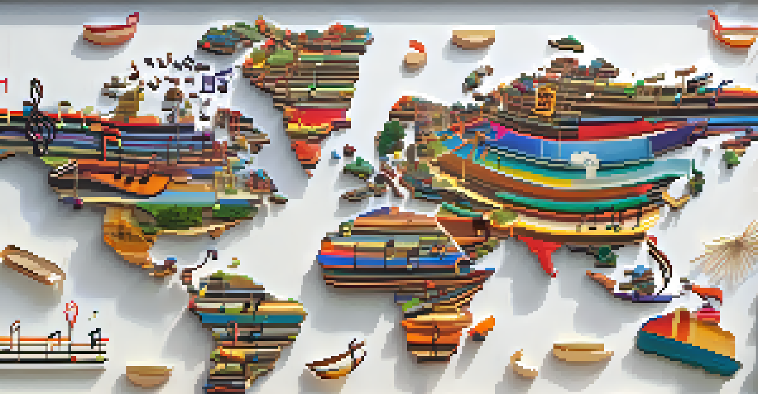 A global map made of musical notes, showcasing traditional instruments from various countries in vibrant colors, symbolizing music's cultural connections.