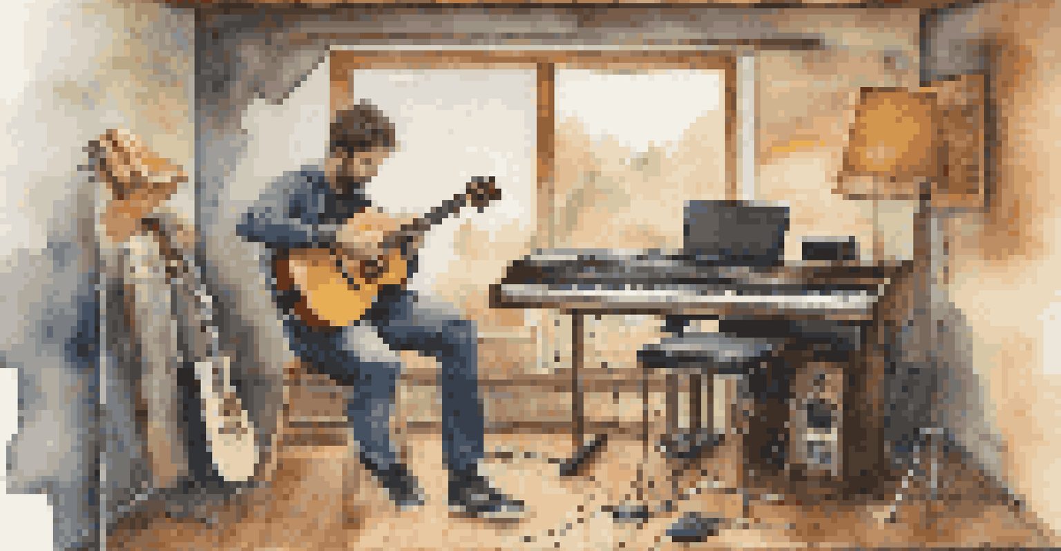 A split image showing a musician with a guitar in nature and another musician using electronic instruments in a modern studio, representing genre fusion.