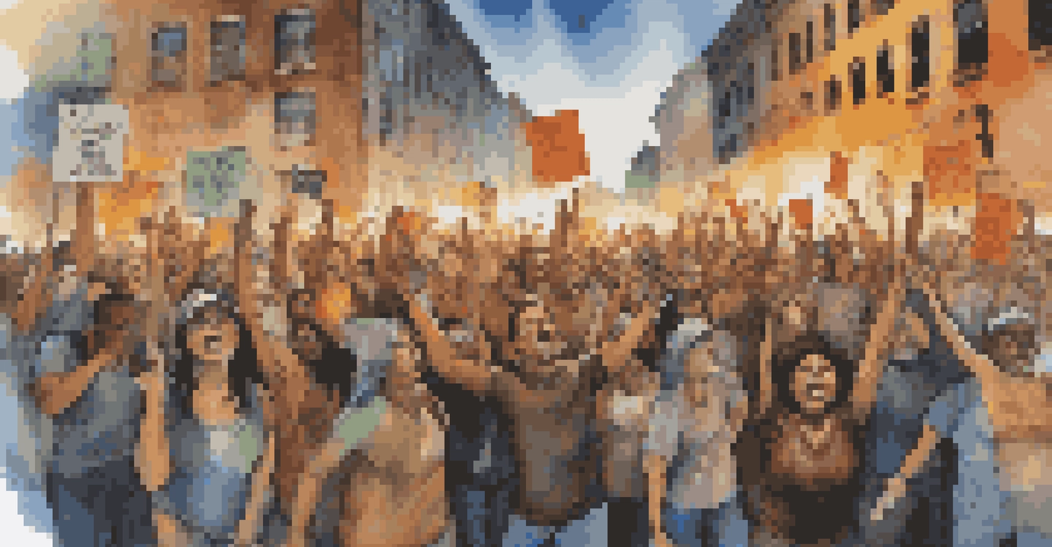 A protest scene with people holding signs and singing, surrounded by colorful street art, capturing a sense of unity and determination.