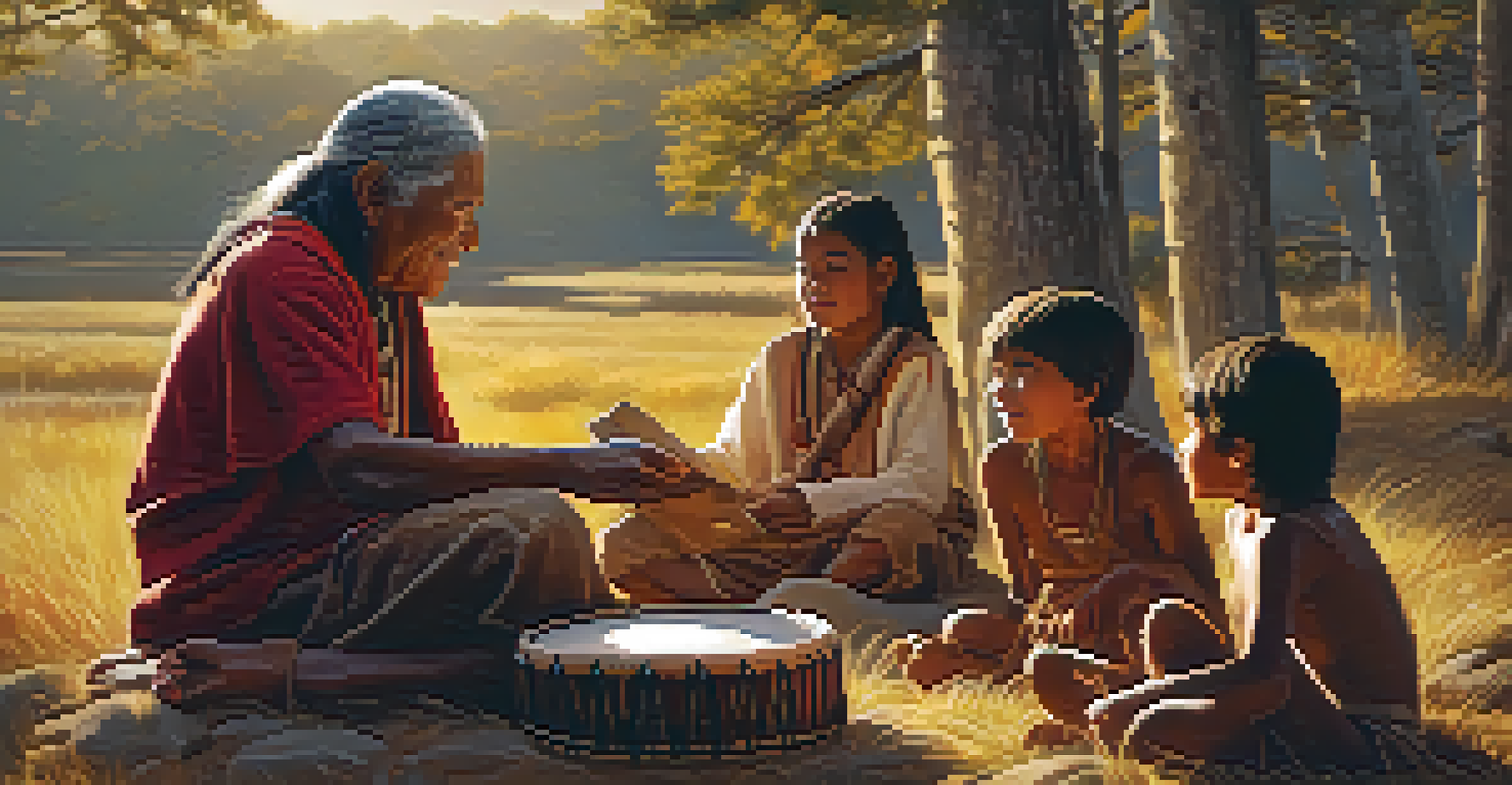 An Indigenous elder teaching children traditional songs with a hand drum in a natural setting, emphasizing the connection between generations.