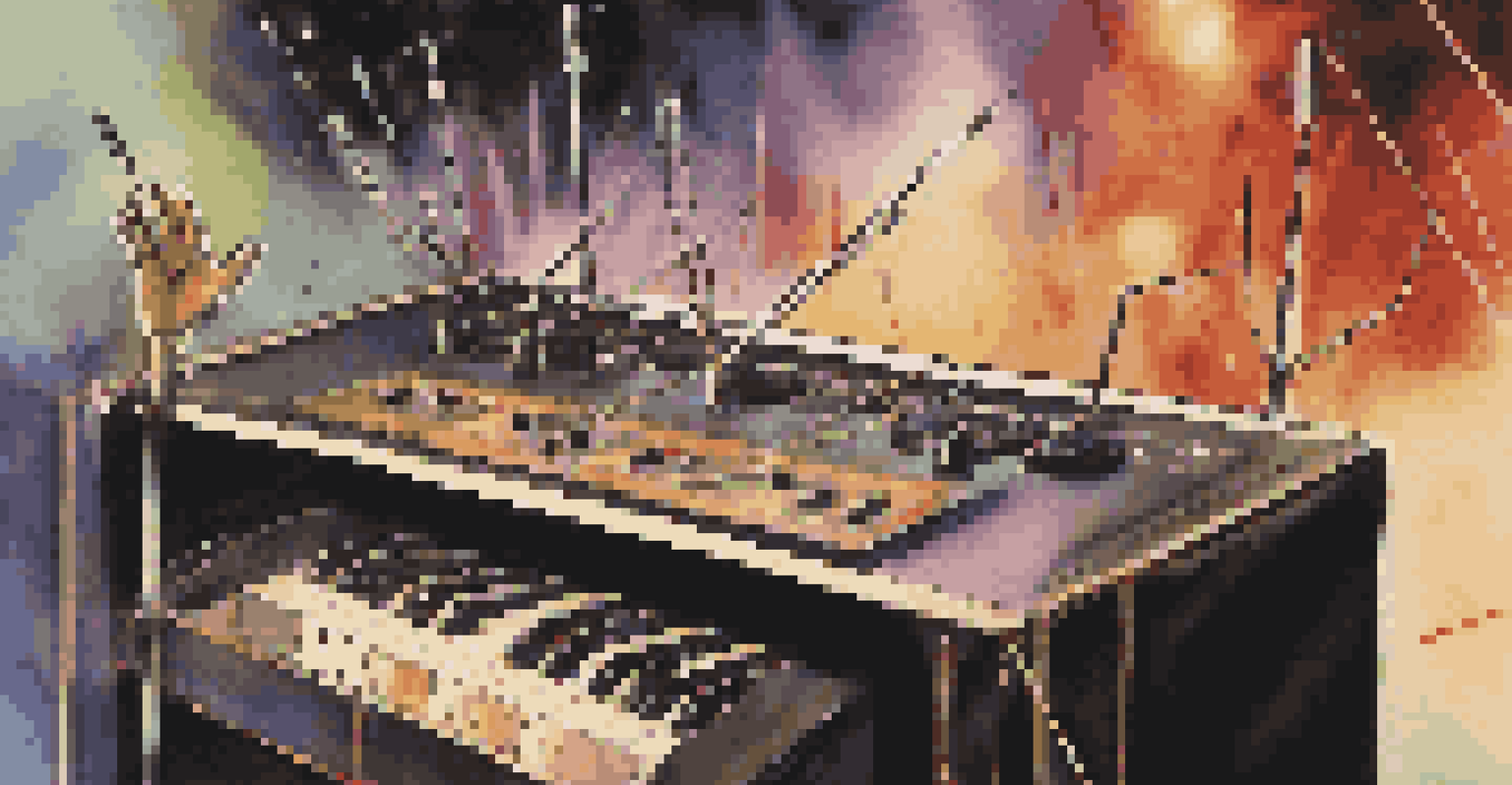 Close-up of theremin antennas with warm stage lights, showing hands manipulating the instrument in a concert setting.