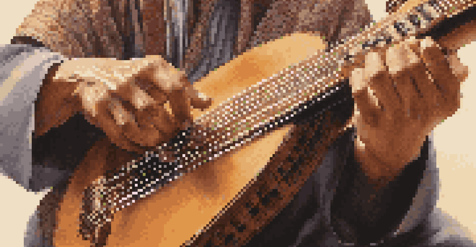 Close-up of hands playing a traditional instrument, showcasing intricate details and craftsmanship against a softly blurred background.
