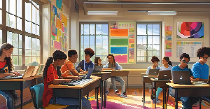 A colorful classroom with students using music software on laptops, collaborating on a project with a keyboard in the foreground.