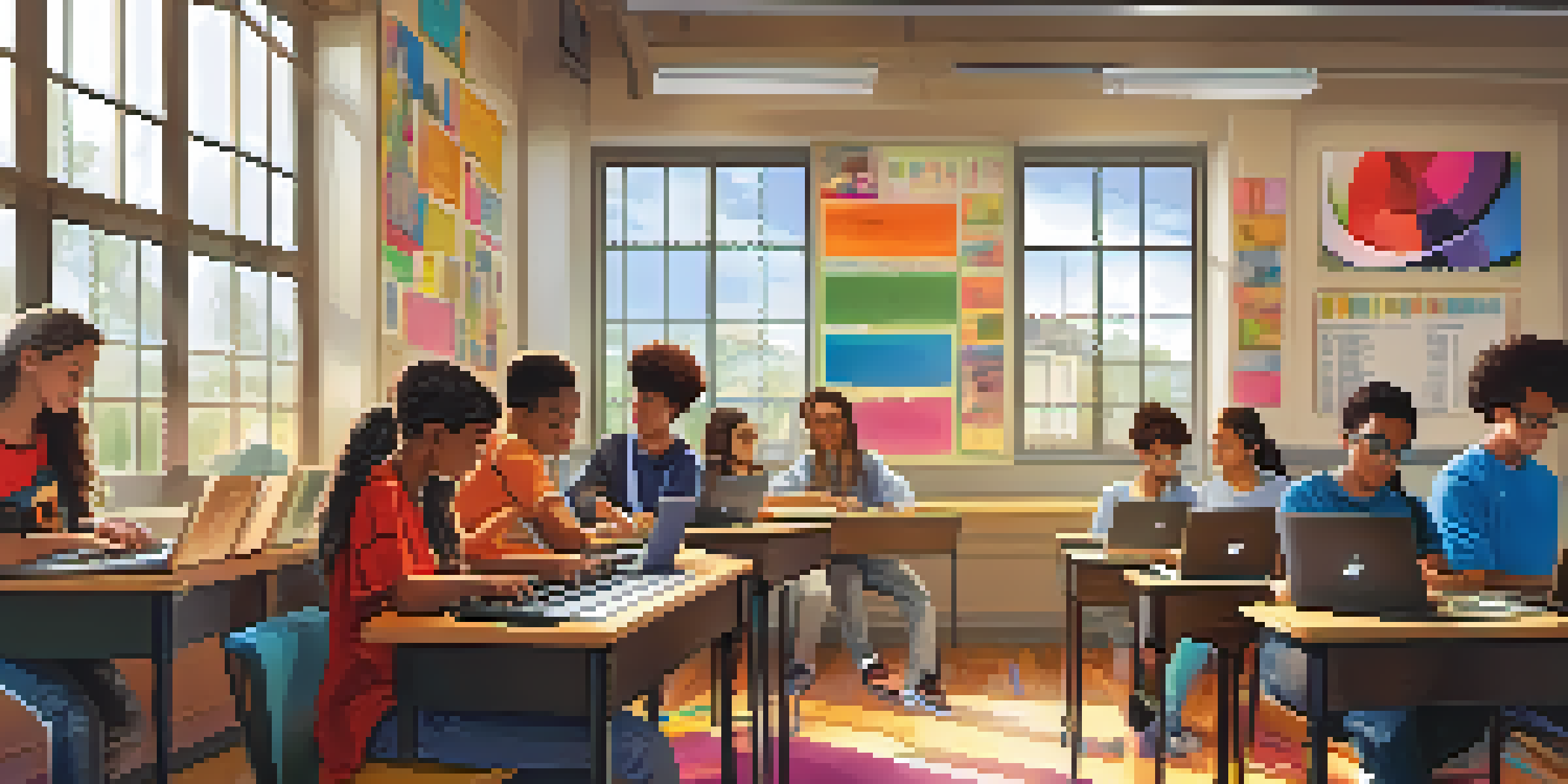 A colorful classroom with students using music software on laptops, collaborating on a project with a keyboard in the foreground.