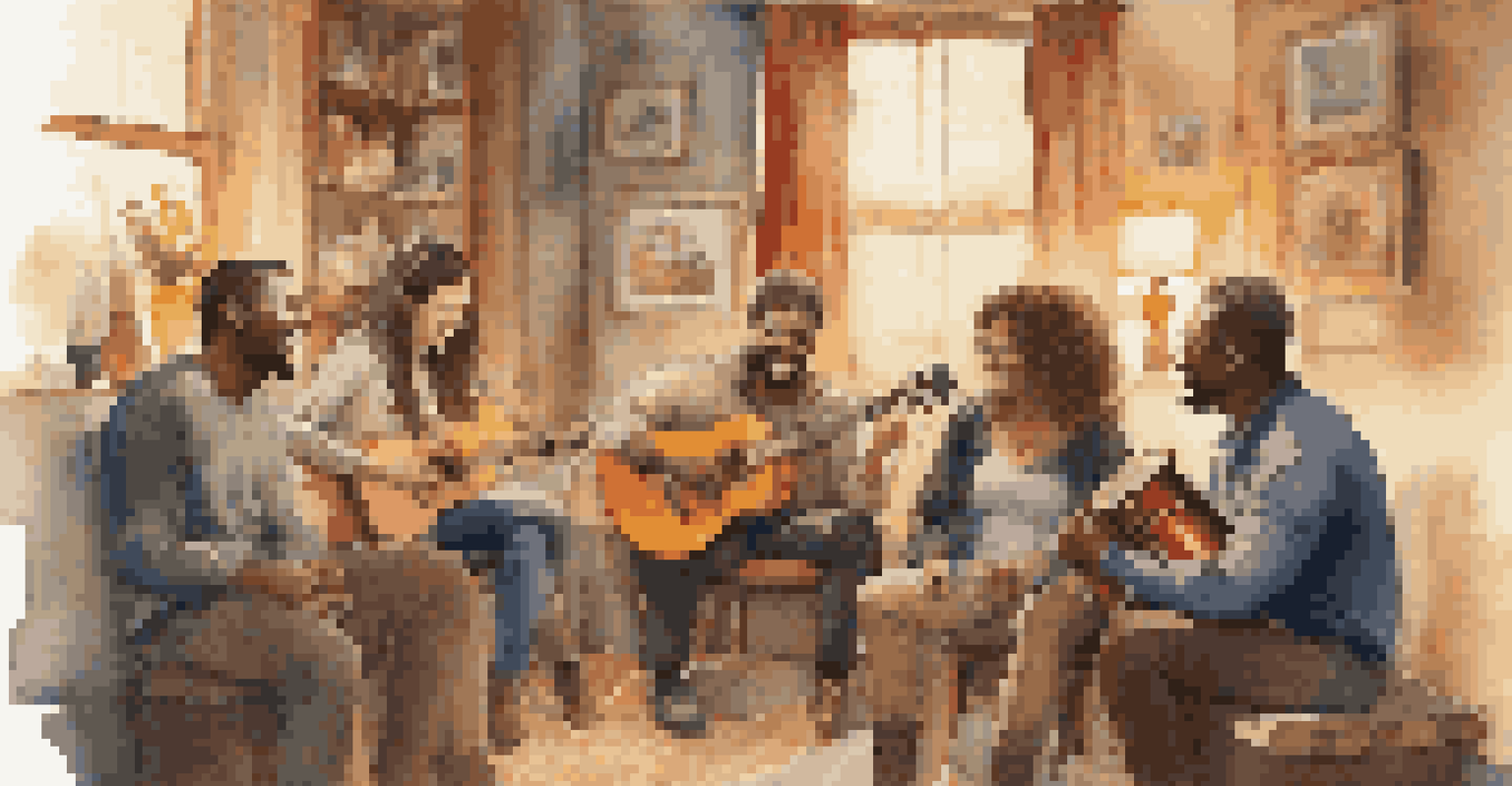 A group of musicians in a cozy room sharing supportive discussions and laughter, surrounded by musical instruments, with warm lighting enhancing the friendly atmosphere.