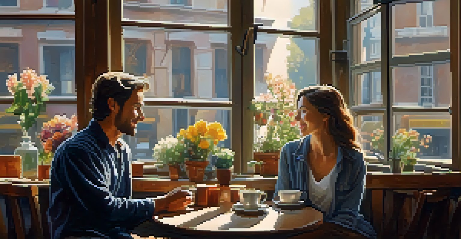 A couple enjoying a cozy moment in a café, with sunlight streaming through windows and a table with flowers.