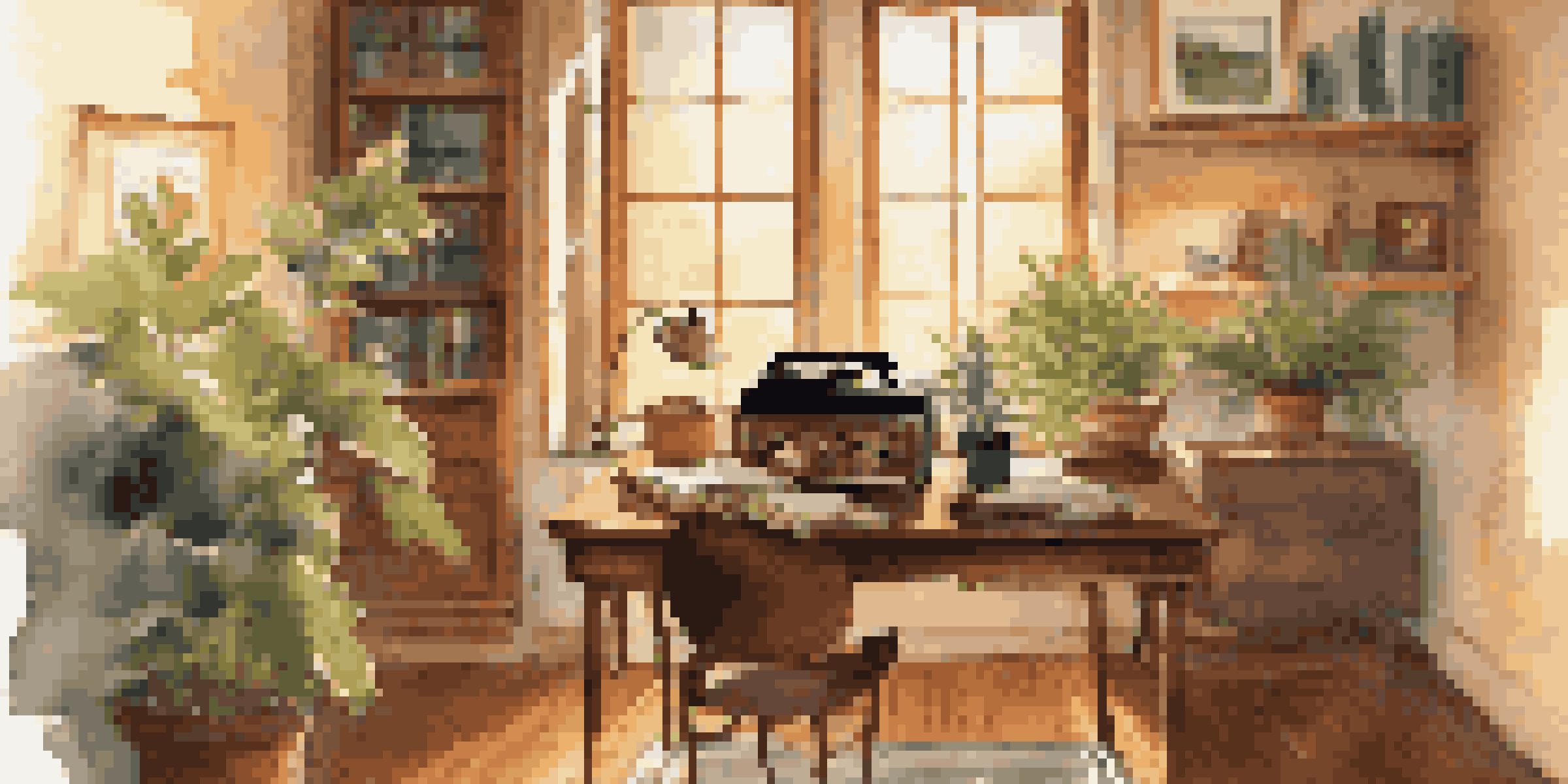 A cozy study room with a wooden desk, books, a cup of tea, and a record player under warm light, creating a calm atmosphere.