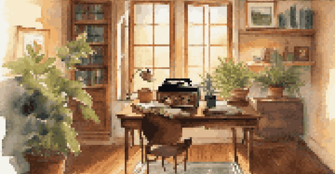 A cozy study room with a wooden desk, books, a cup of tea, and a record player under warm light, creating a calm atmosphere.