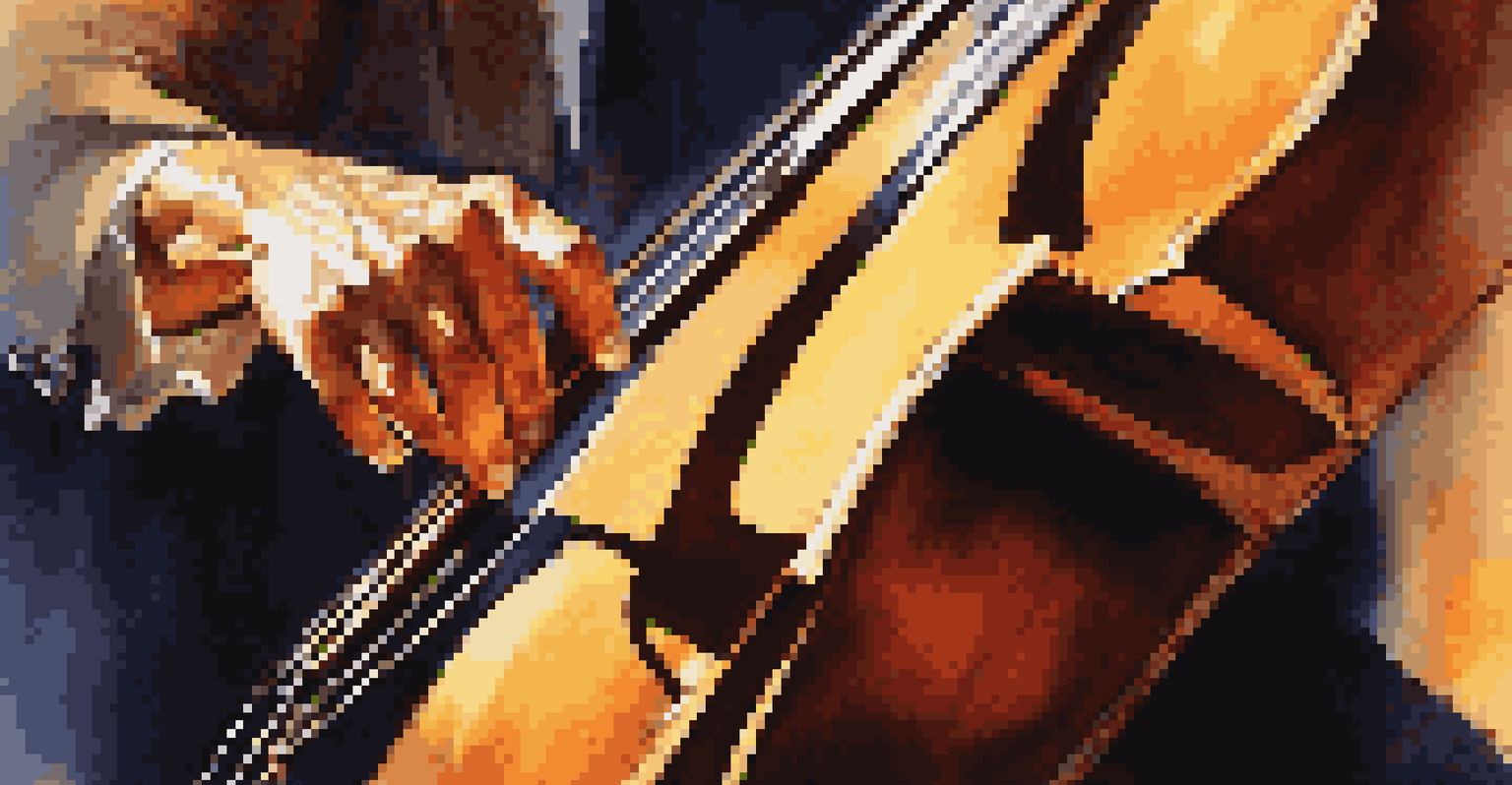 A close-up of a musician's fingers playing a double bass in a jazz club with warm stage lights.