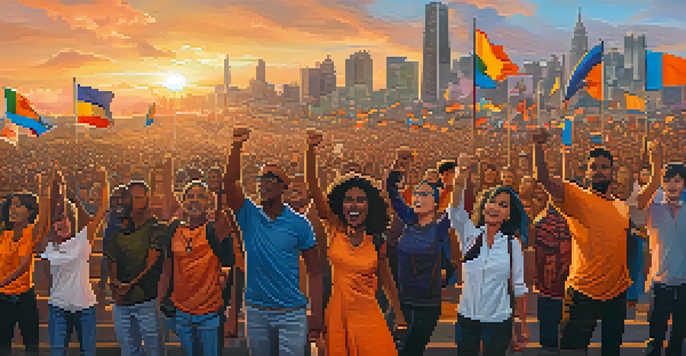 A diverse group of activists holding colorful signs during a protest, with a city skyline at sunset in the background.