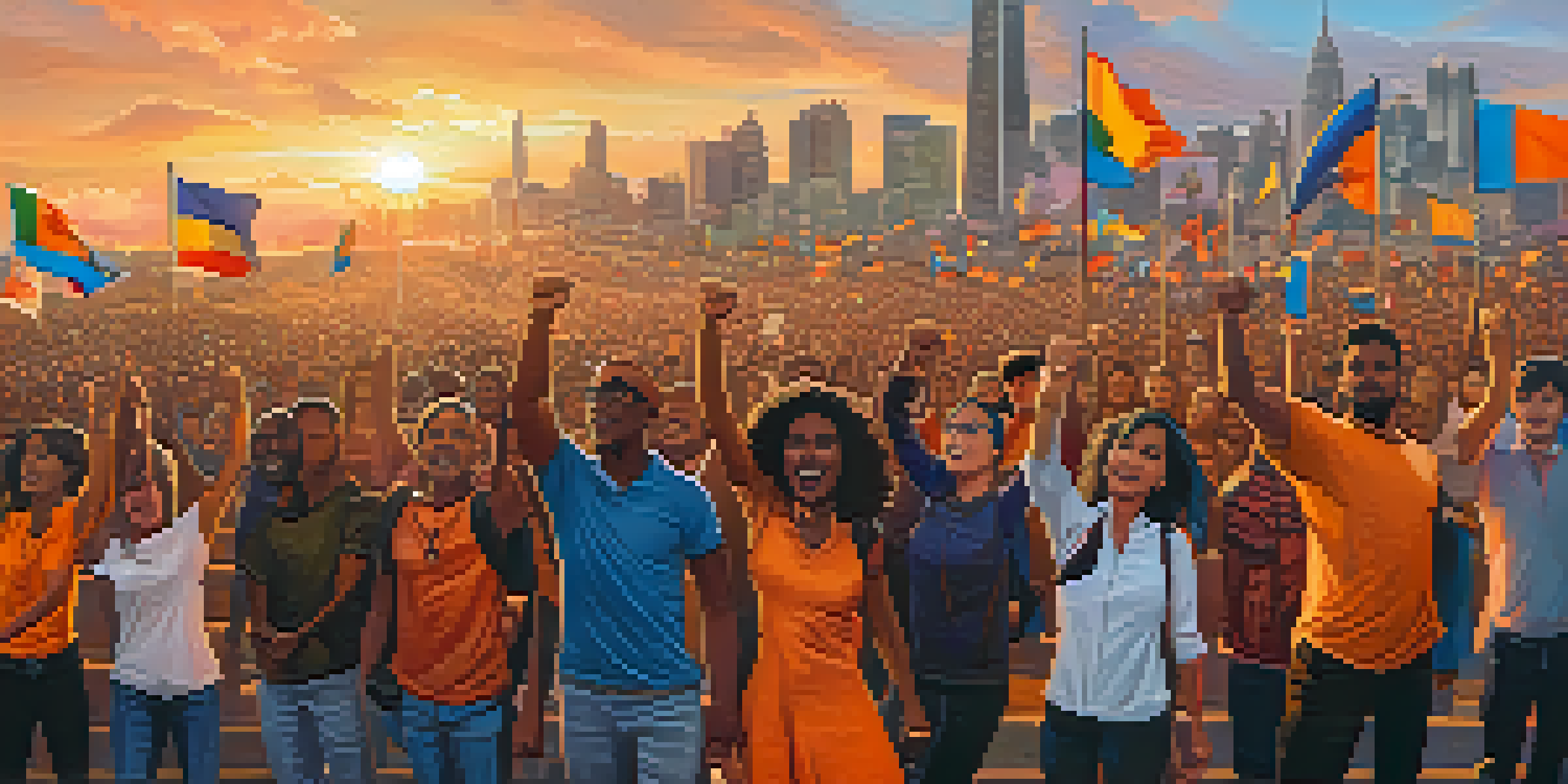 A diverse group of activists holding colorful signs during a protest, with a city skyline at sunset in the background.
