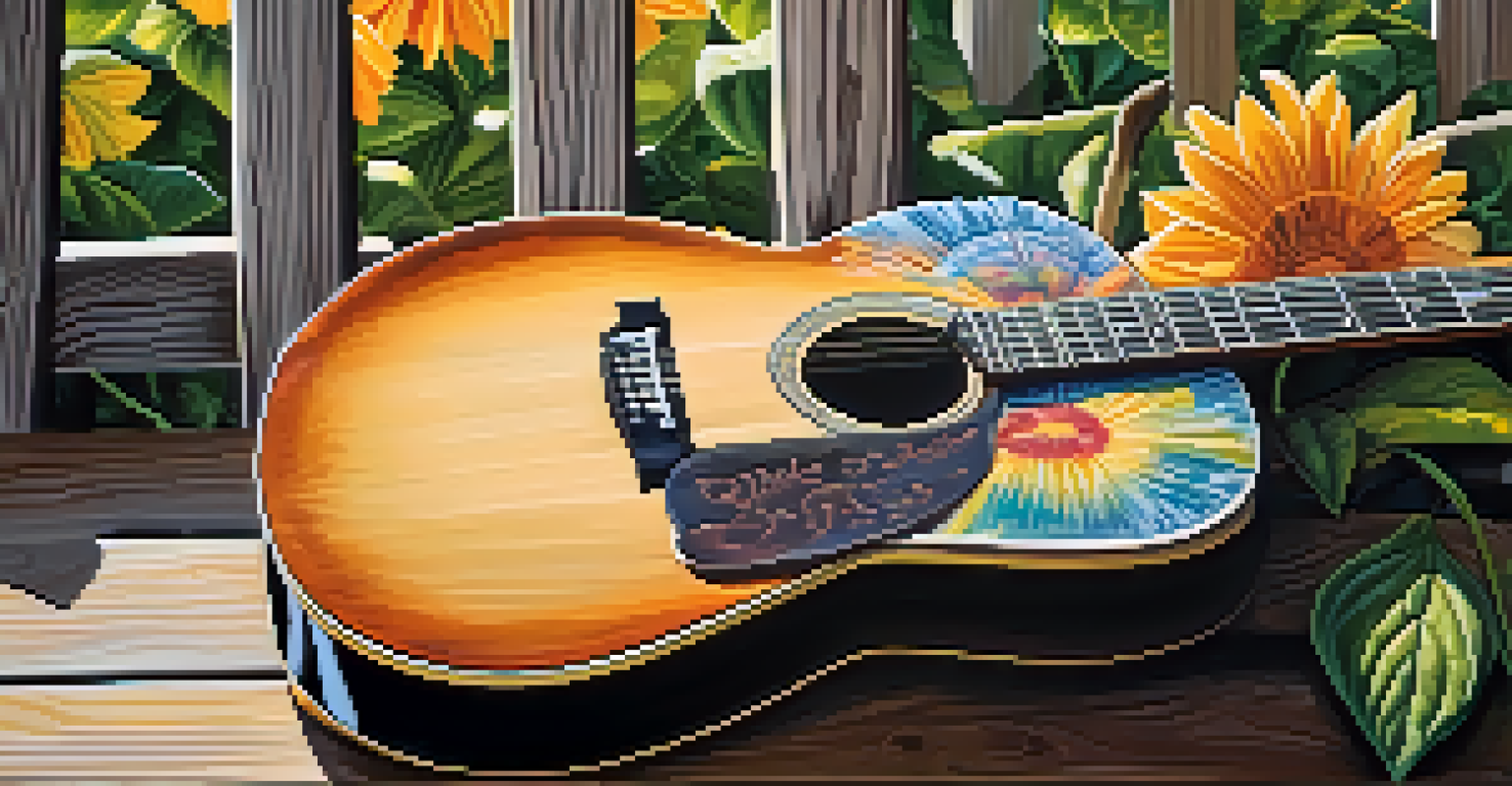 A close-up of a guitar with a lyric sheet about social justice, resting against a wooden fence in dappled sunlight.