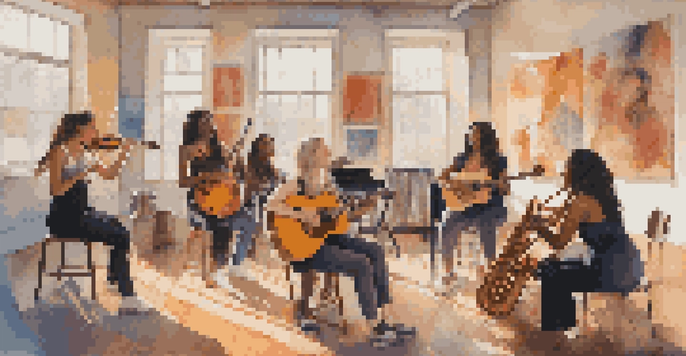 A diverse group of female musicians in a rehearsal space, surrounded by instruments and colorful posters.
