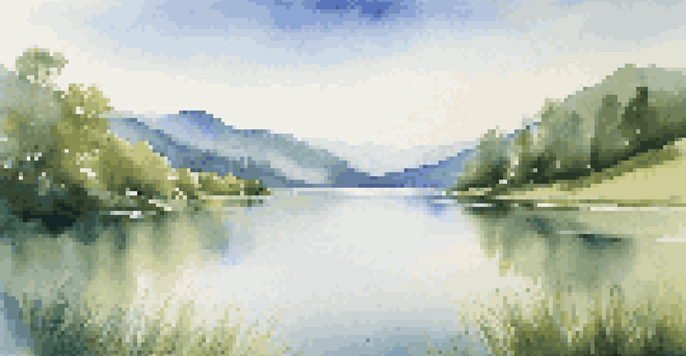 A calm lake reflecting green mountains and a clear blue sky, creating a tranquil scene.