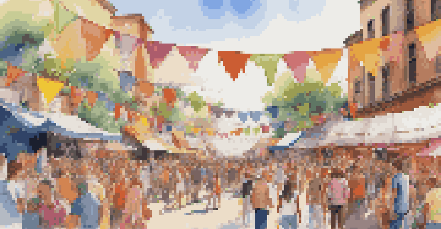 A lively street festival with people enjoying live music performances, colorful decorations, and food stalls.