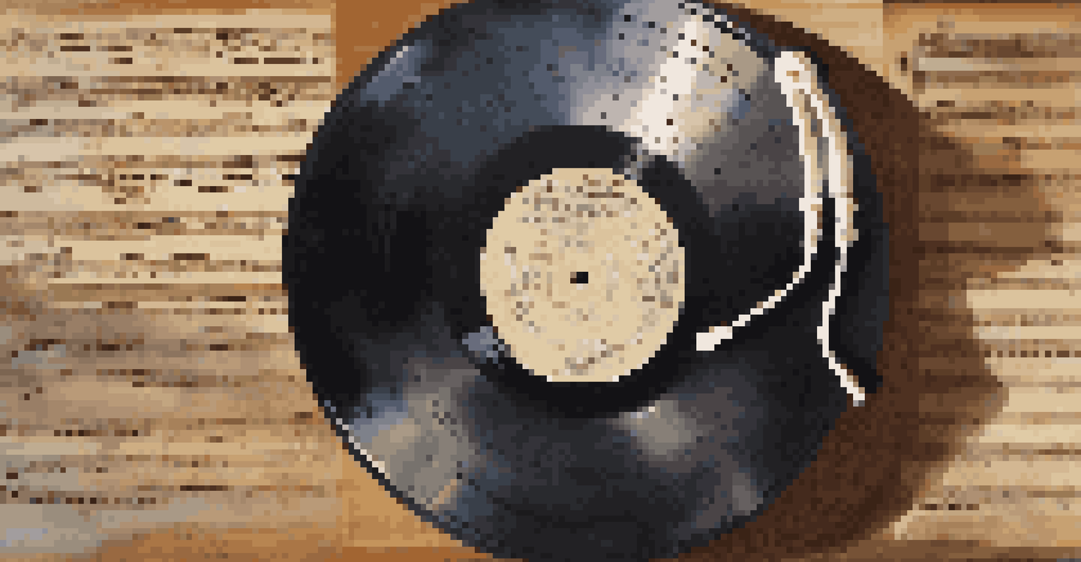 A vinyl record on a wooden surface surrounded by handwritten lyrics and notes about social issues, softly illuminated to emphasize the textures and nostalgia of music.