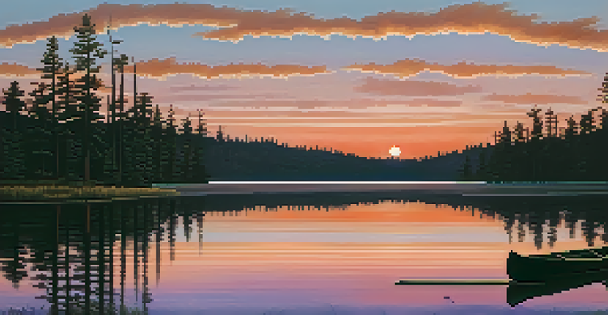 A tranquil sunset scene over a calm lake, with pine trees and a canoe.