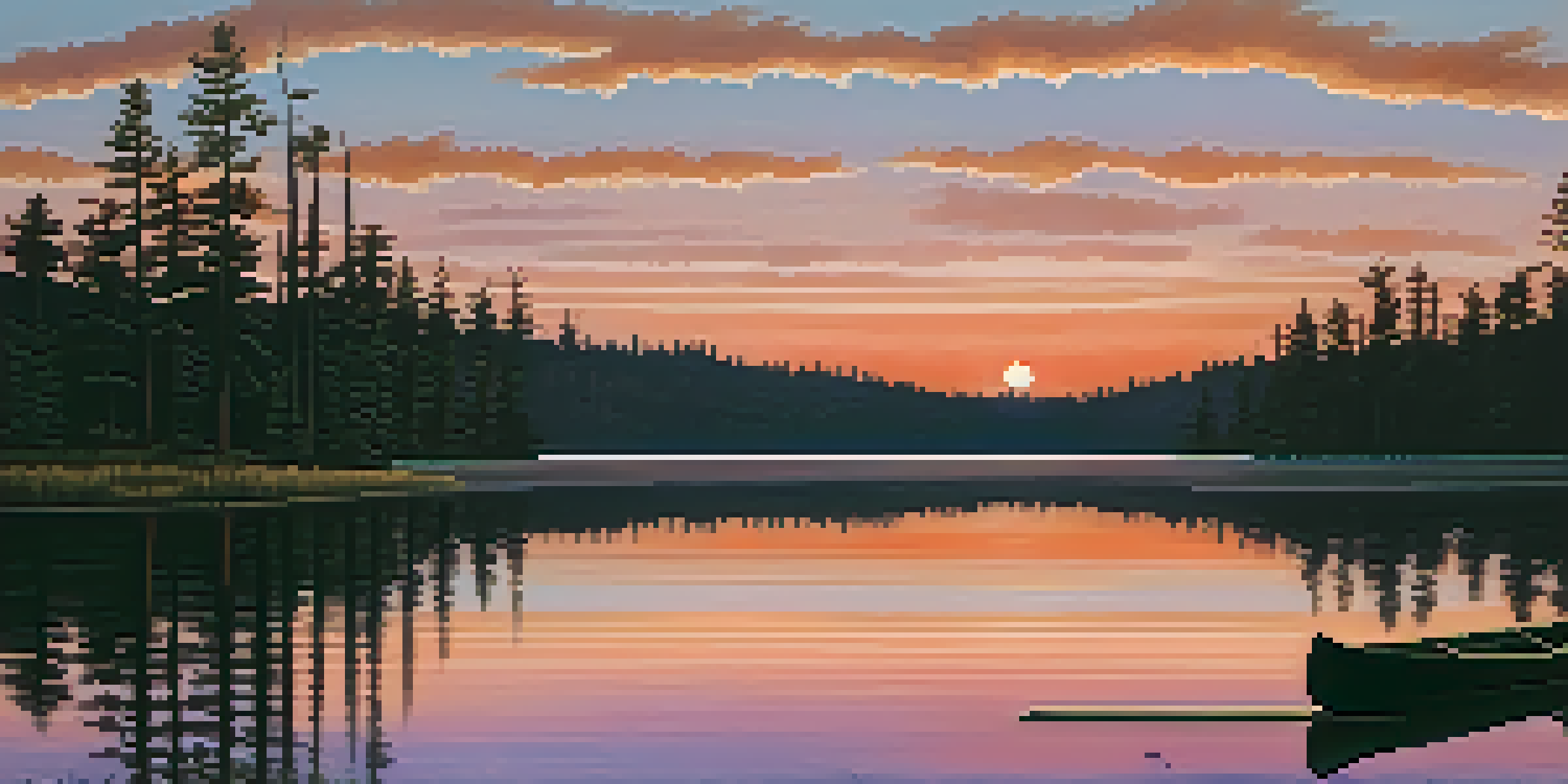 A tranquil sunset scene over a calm lake, with pine trees and a canoe.