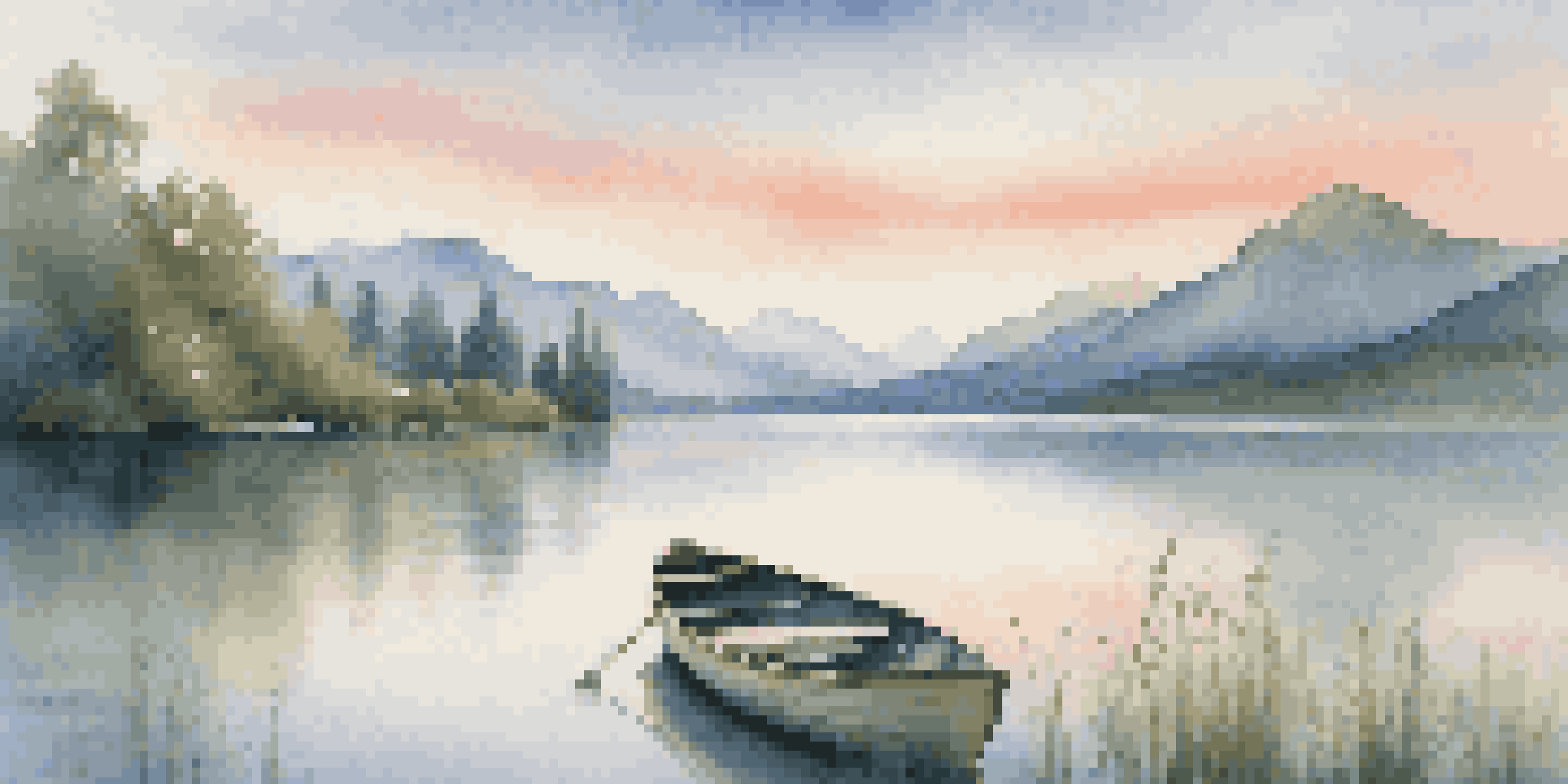 A peaceful lake at sunrise, with mountains in the background and a wooden dock with a rowboat.
