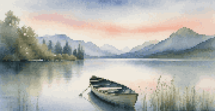 A peaceful lake at sunrise, with mountains in the background and a wooden dock with a rowboat.