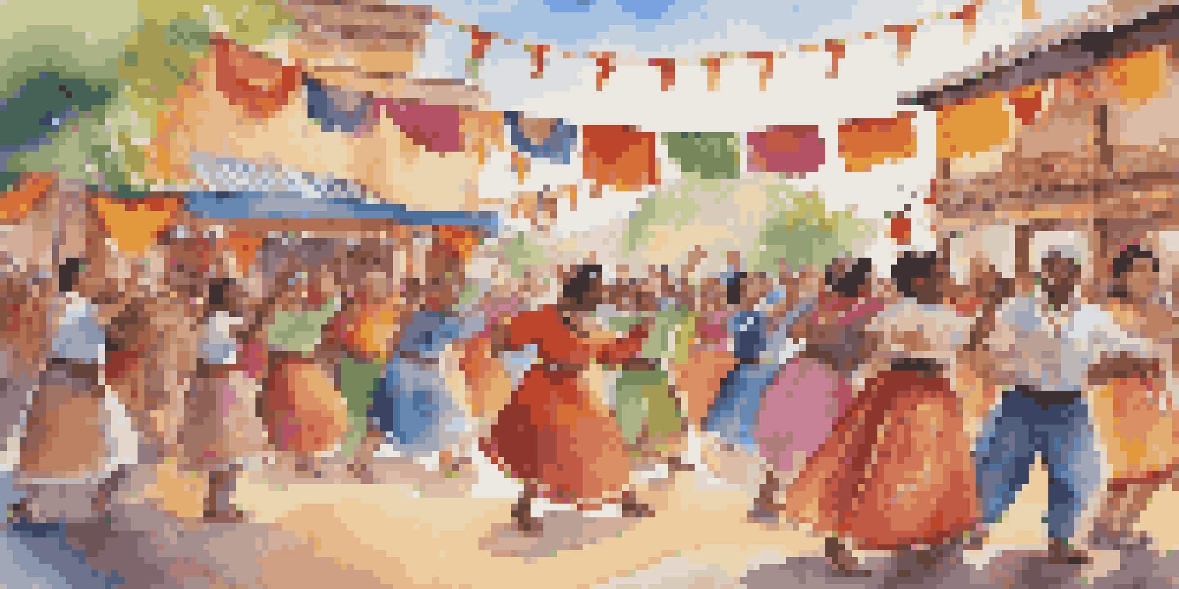 A lively cultural festival with people in colorful costumes dancing and musicians playing folk instruments on stage.