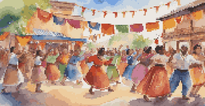 A lively cultural festival with people in colorful costumes dancing and musicians playing folk instruments on stage.