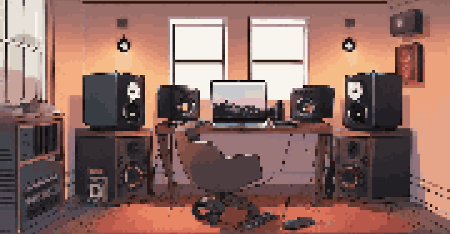 A cozy home studio for DJ mixing, with a laptop, audio interface, and vinyl records in a warm-lit room.