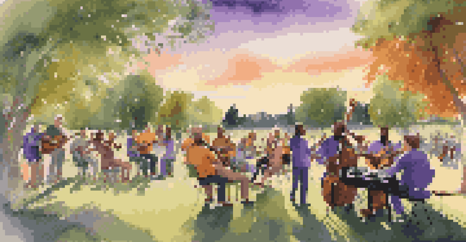 A sunset outdoor jam session in a park with musicians playing instruments, surrounded by dancing people and a colorful sky.