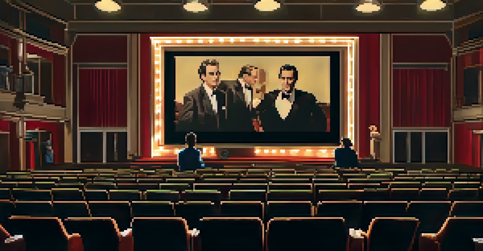 A film set with a large screen showing a classic movie, dimmed lights, and an audience in vintage-style chairs, capturing the essence of nostalgia.