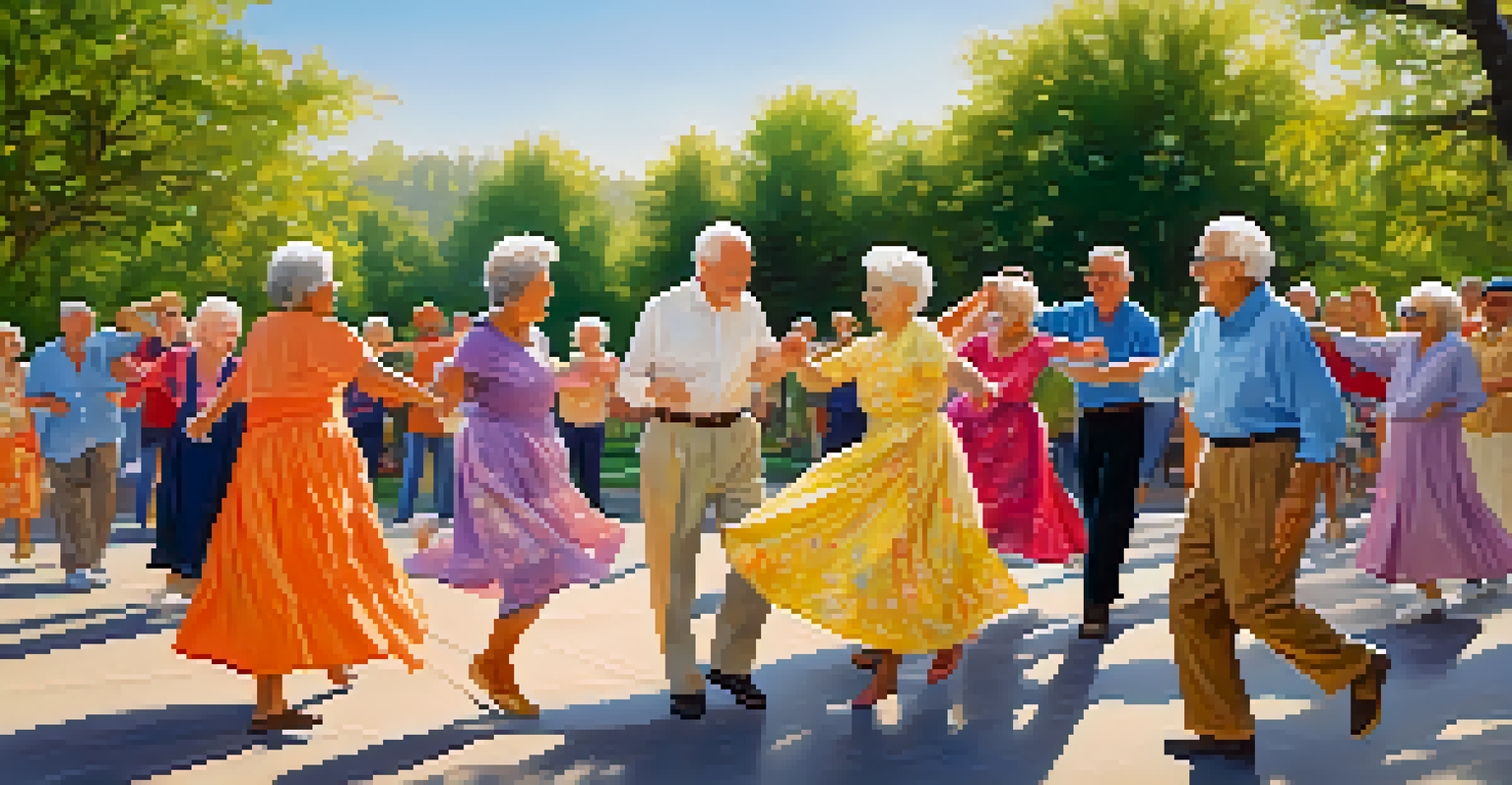 Seniors dancing together in a sunlit park surrounded by trees and flowers.