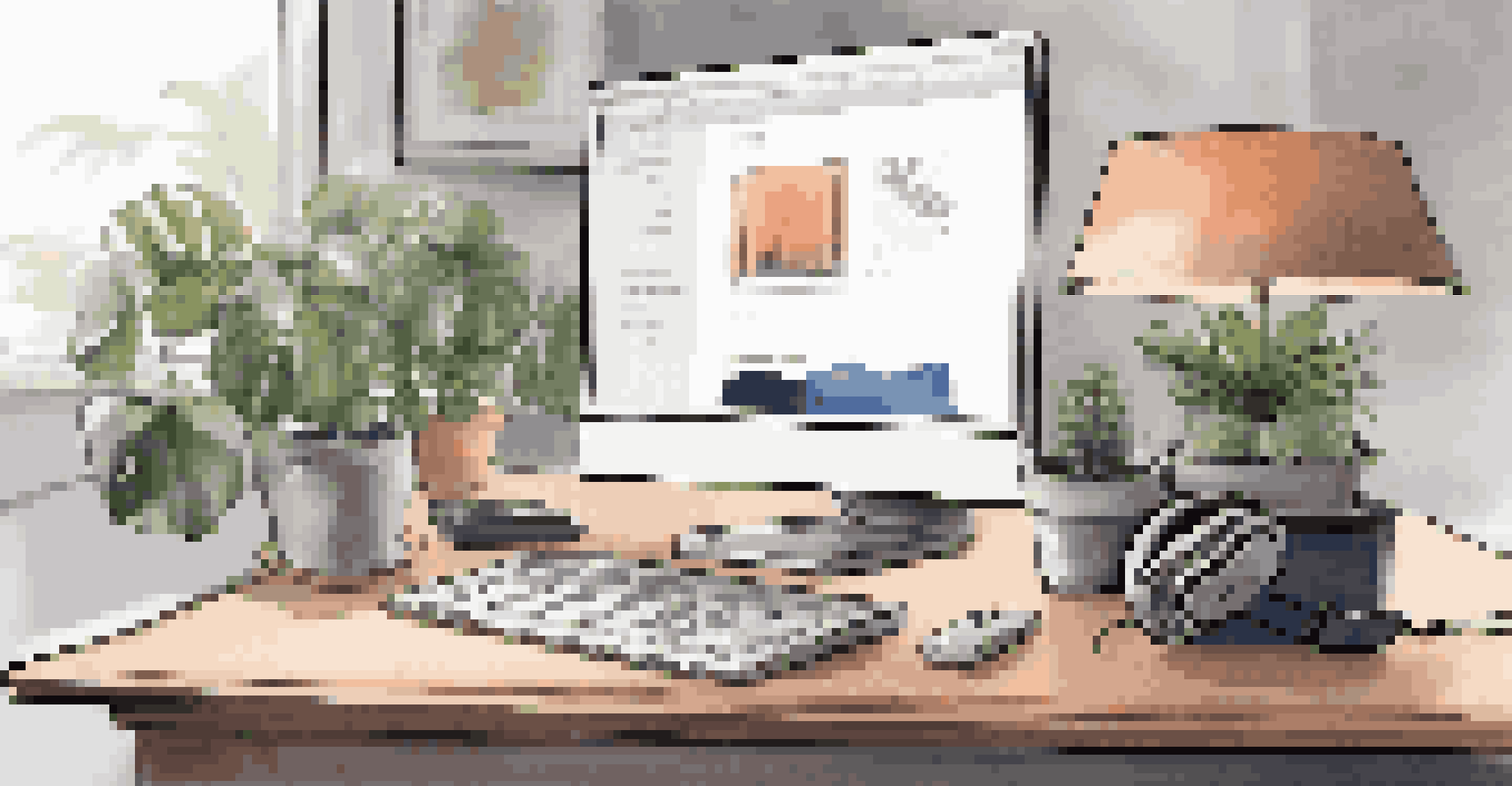 A modern office workspace with a laptop, headphones, and a plant, illuminated by soft desk lamp light.