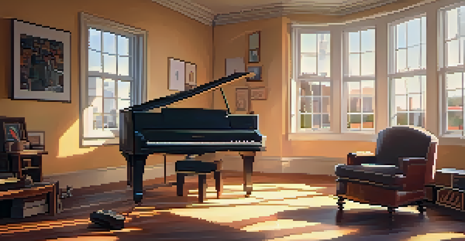 A cozy room with musical instruments and warm sunlight streaming through a window.