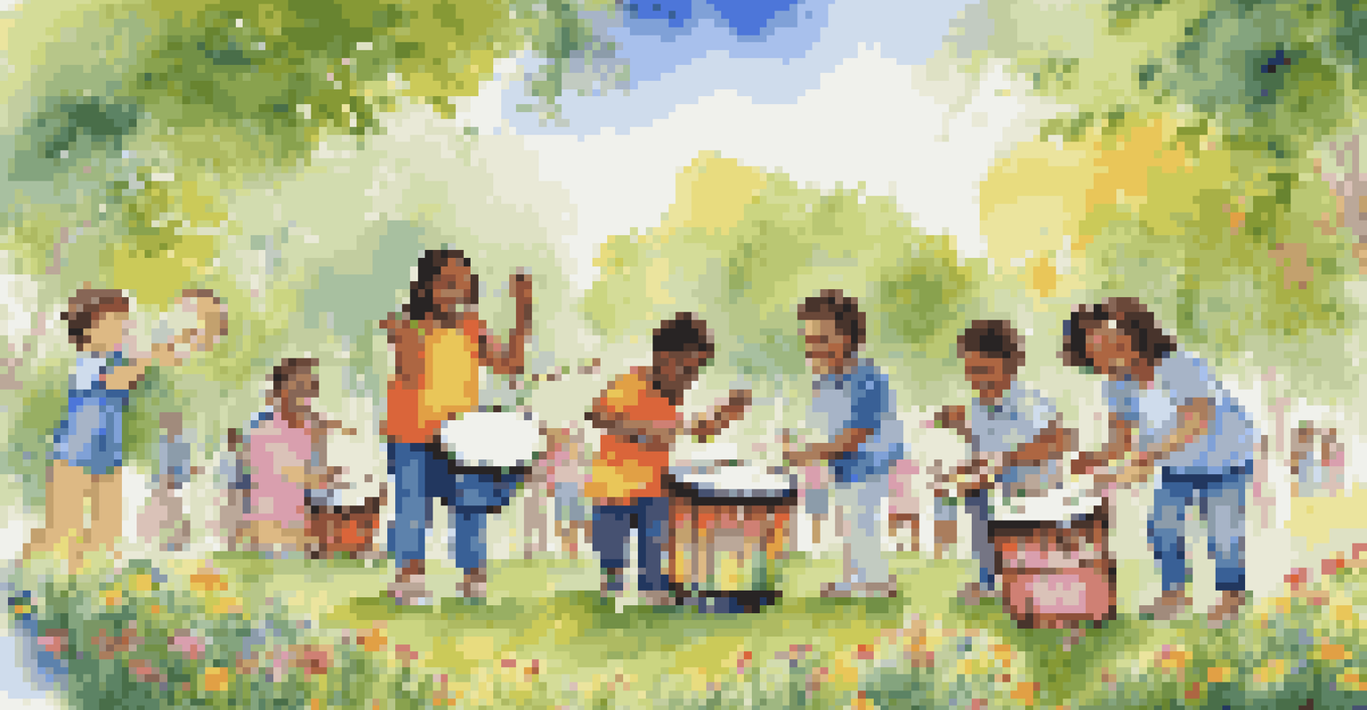 Children with Autism Spectrum Disorder participating in a lively outdoor music group activity, playing drums and tambourines in a sunny park.