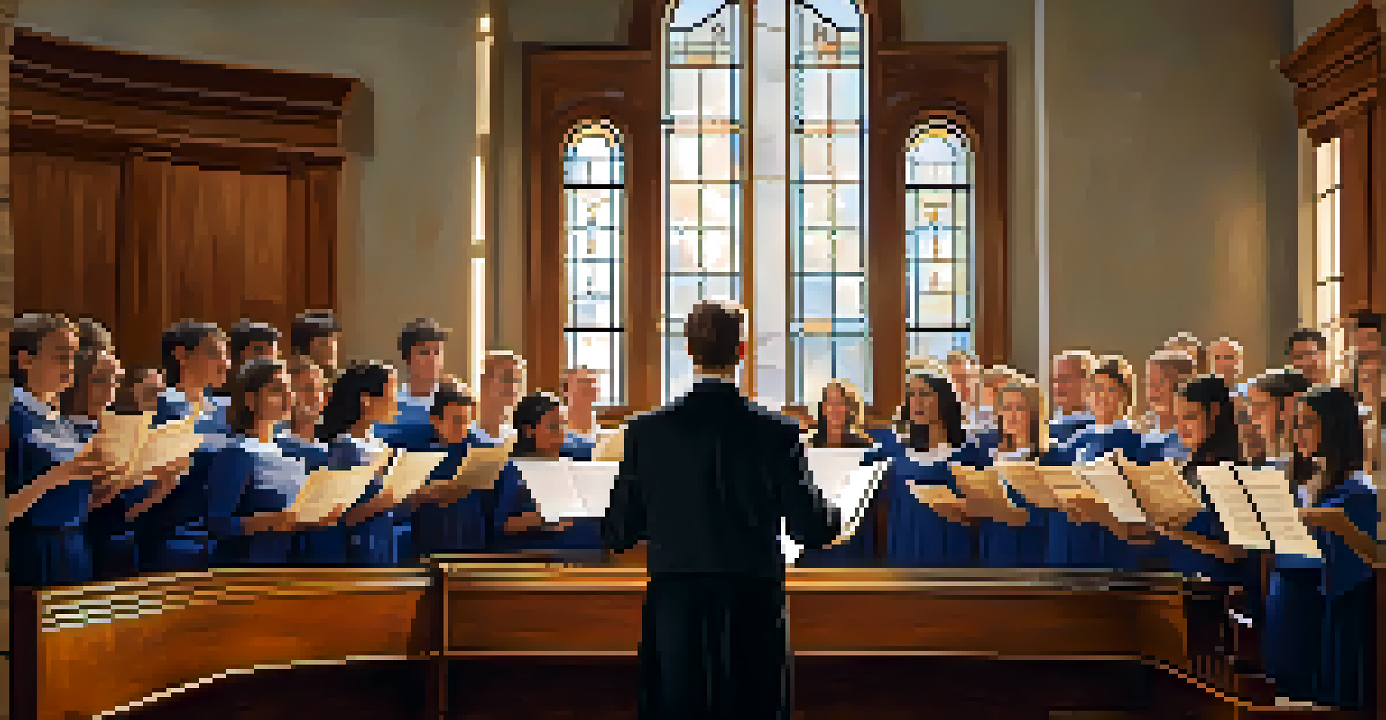 A choir conductor leading a rehearsal with sheet music, surrounded by focused choir members in a warmly lit wooden space.