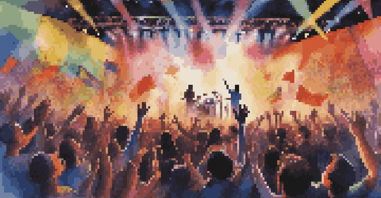 An international artist performing on stage with fans from diverse cultures enjoying the concert, surrounded by colorful lights and visuals.