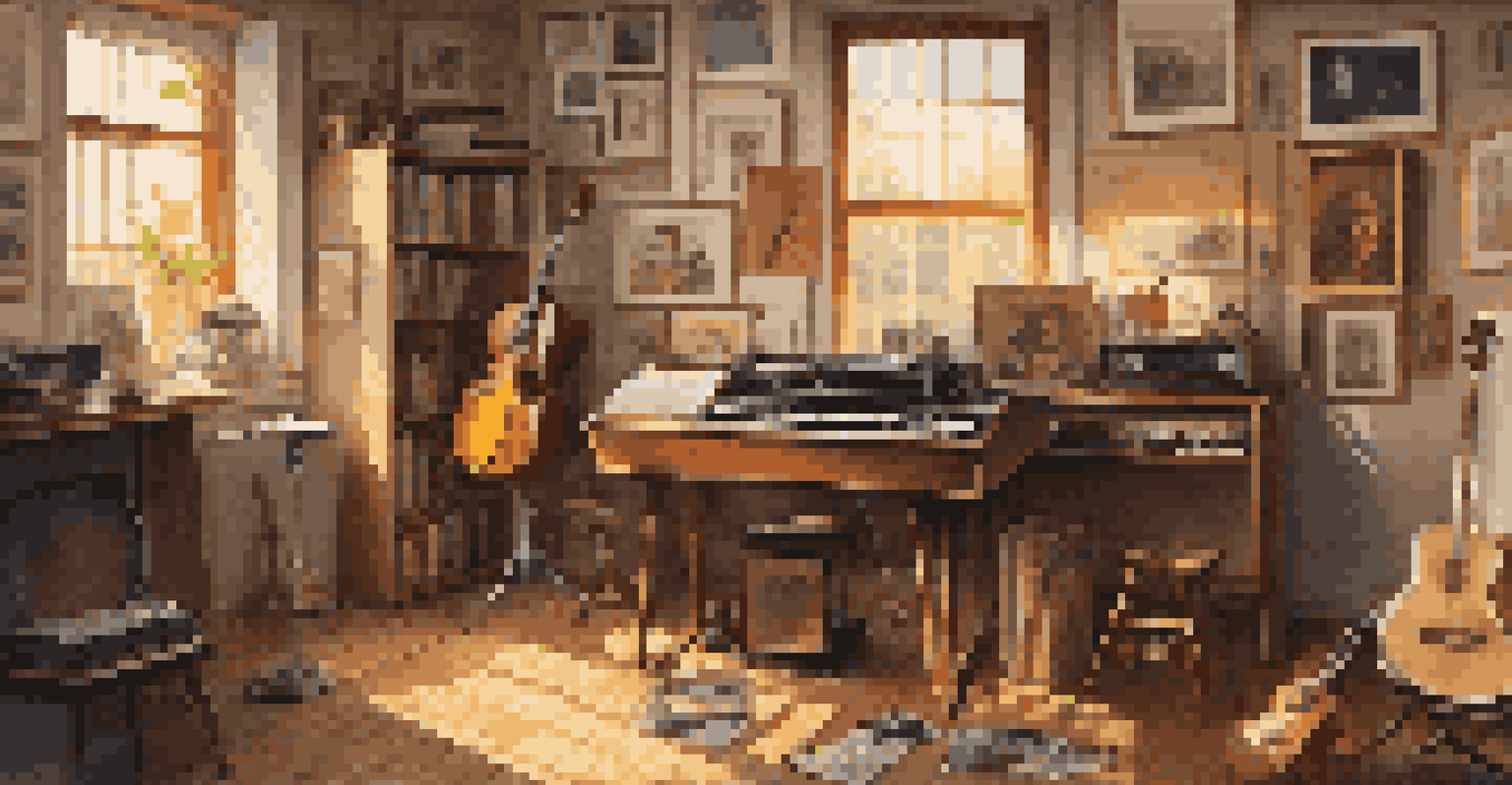 An artist's studio showcasing musical instruments and historical memorabilia, with sunlight streaming through a window.