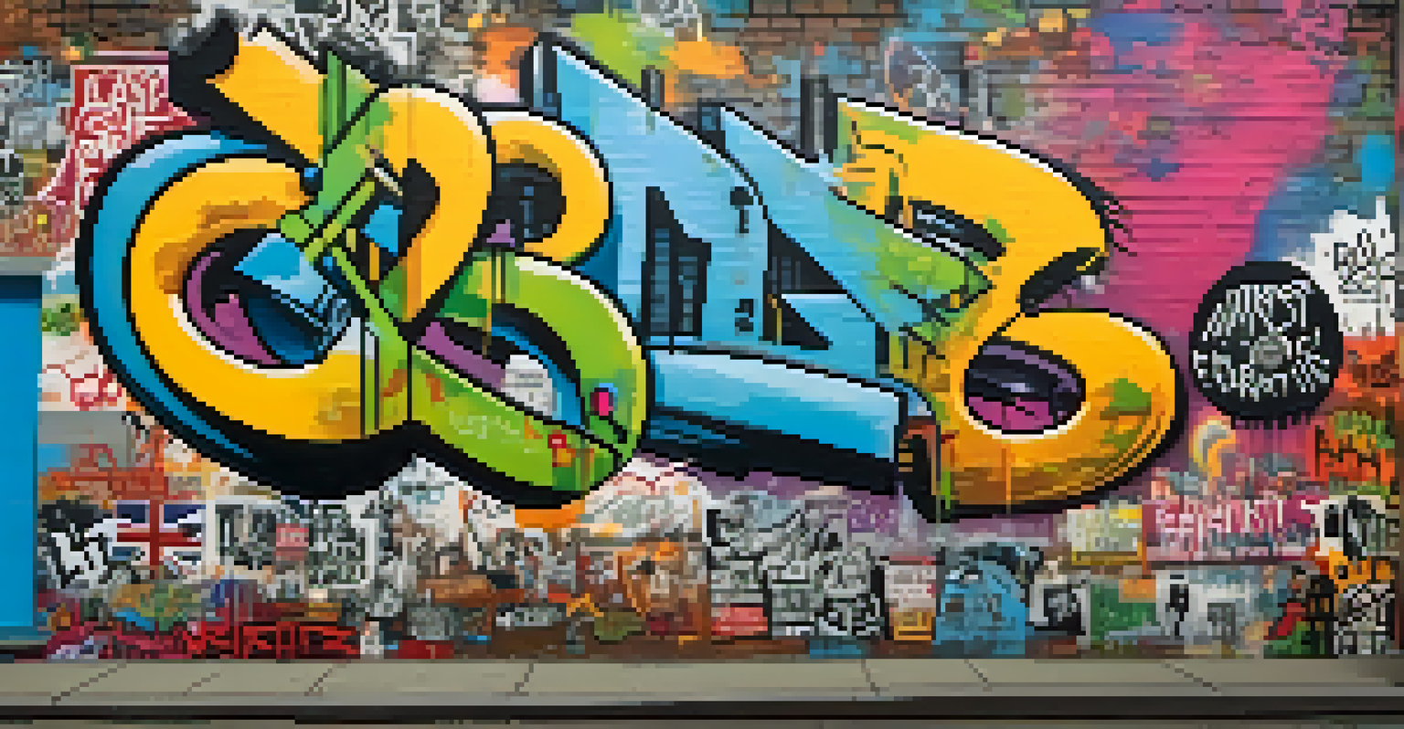 A colorful graffiti wall filled with punk symbols and political messages, representing the fusion of music and activism.