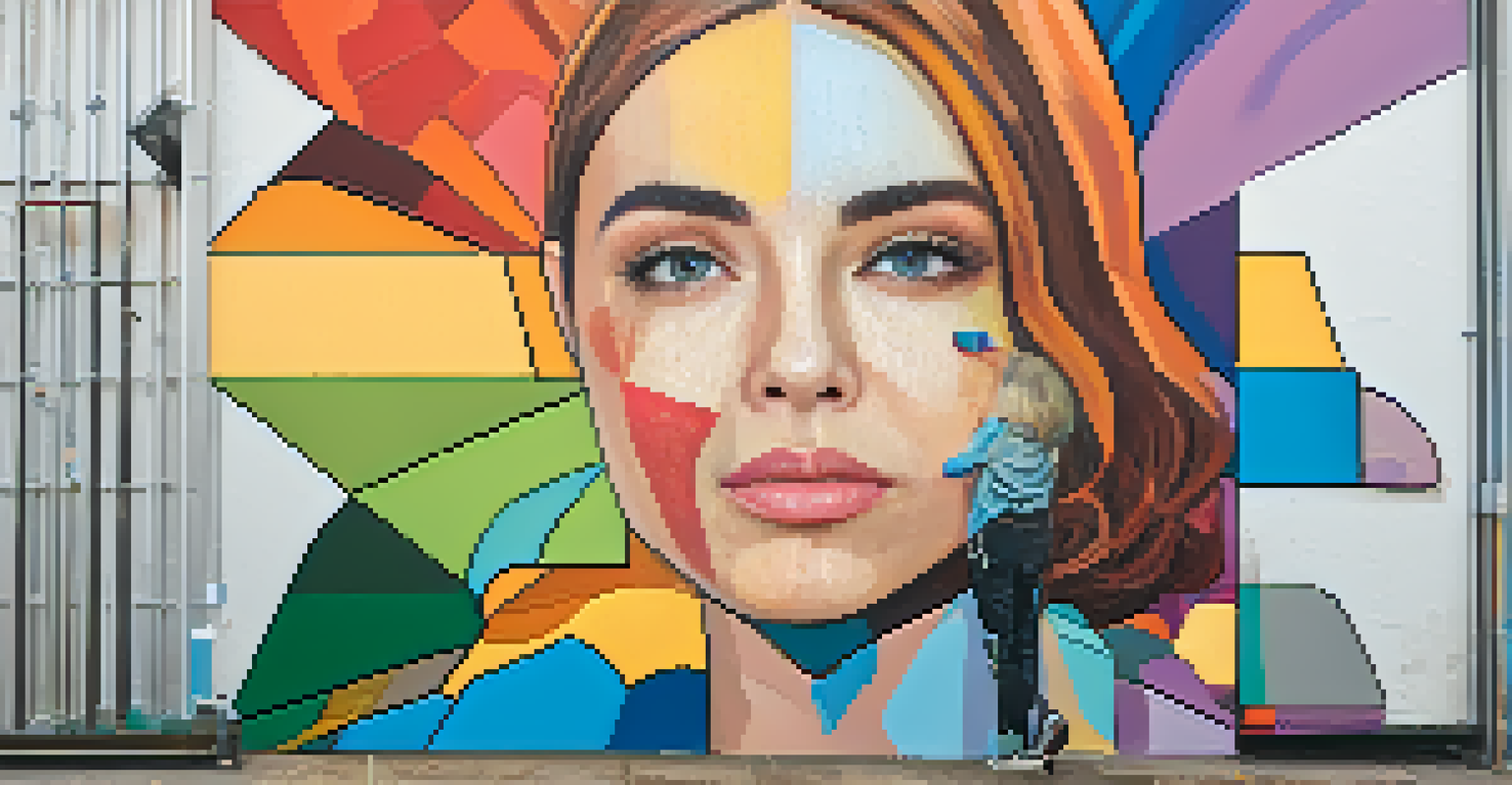 A young woman painting a mural about mental health awareness, surrounded by supportive peers in an urban environment.
