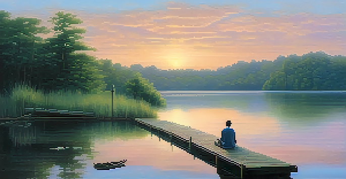 A peaceful landscape at dawn with a lake reflecting the pastel sky and a person sitting on a dock, conveying a sense of quiet contemplation.