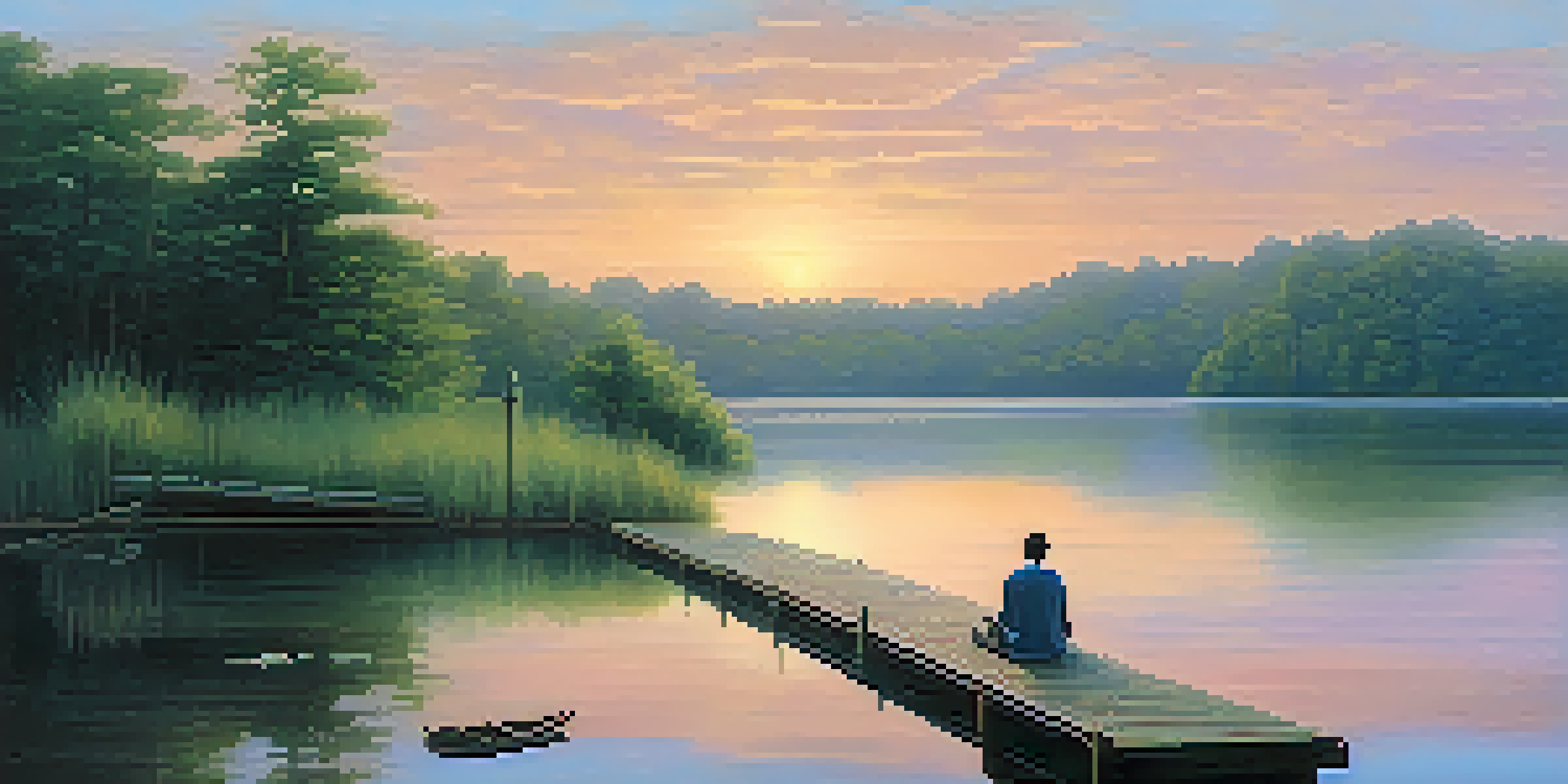 A peaceful landscape at dawn with a lake reflecting the pastel sky and a person sitting on a dock, conveying a sense of quiet contemplation.